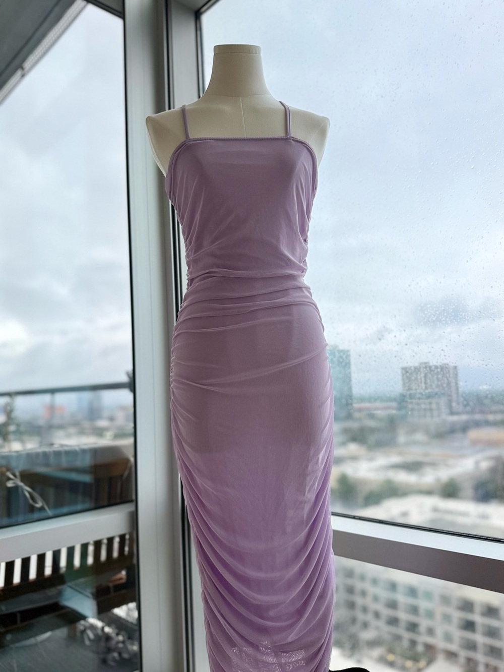 PrettyLittleThing Lilac Mesh Ruched Midi Dress